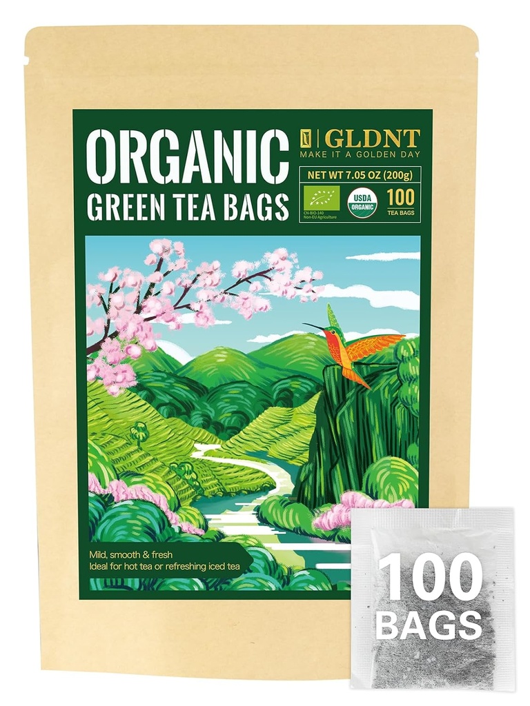 GLDNT Bolsas ecológicas de té verde, Té verde orgánico puro natural, Super Antioxidante, Caffeinated, 100 Cuenta