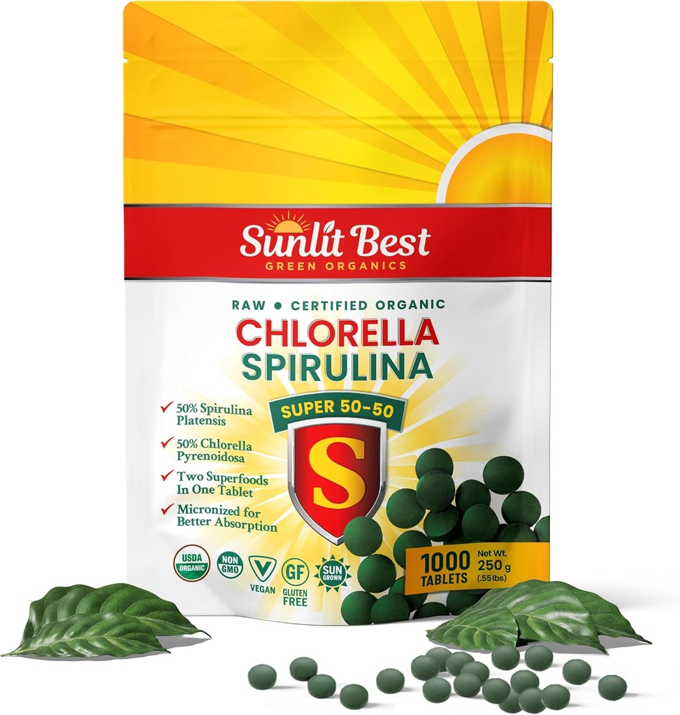 Sunlit Super 50/50 Orgánico Clorella Spirulina Tablets - Super Greens Supplement for Immune Support, Gut Health, Mood & Energy - Rich in Chlorophyll, Amino Acids & Vegan Protein, 1000 Superfood Tabs