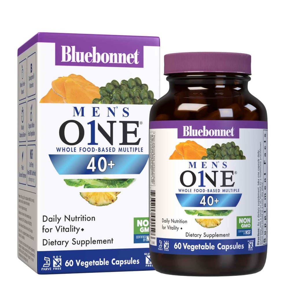Bluebonnet Nutrition Mens' ONE 40+ Whole Food-Based Multiple, Men Multivitamin for Men 40+, Soy-Free, Non-GMO, Gluten Free, Kosher, 60 Vegetable Capsules, 60 Servidores