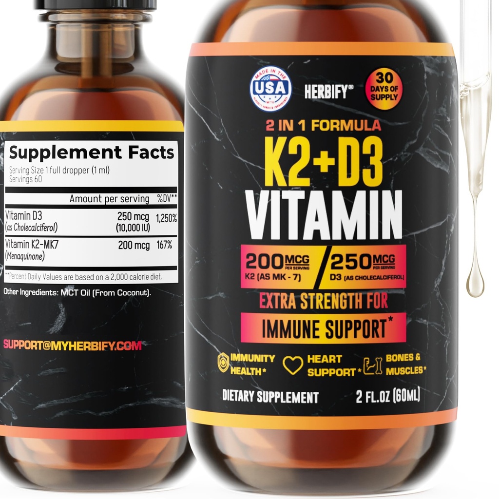 Vitamina D3 K2 gotas – Vitaminas líquidas para Mujeres, Hombres &amp; Adolescentes - Suplementos de fuerza de hueso - D3 K2 Mt Vitaminas para soporte de inmunos &amp; salud del corazón - Vitamina D3 10000 Iu Líquido K2 gotas - 2 oz
