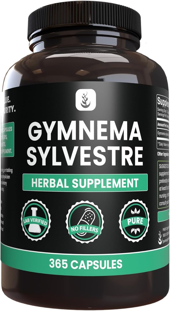PURE ORIGINAL INGREDIENTES Gymnema Sylvestre (365 capsules), No Magnesio o Rice Fillers, Siempre puro, Lab Verified