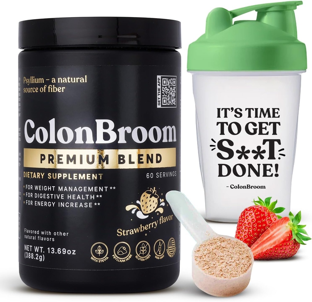 ColonBroom Premium Psyllium Husk Polvo (Strawberry, 60 Servings) + Botella de sacudido para Colon Broom Fiber Powder Drink Bundle - Colon Cleanse for Bloating Relief & Gut Health - Fiber Powder Supplement