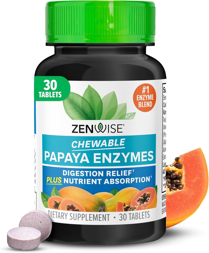 Zenwise Health Chewable Papaya Enzymes for Digestion & Gut Support - Chewable Digestive Enzyme Blend with Papain and Bromelain for Digestive Health & Bloating Relief - Hombres - 30 Tablets