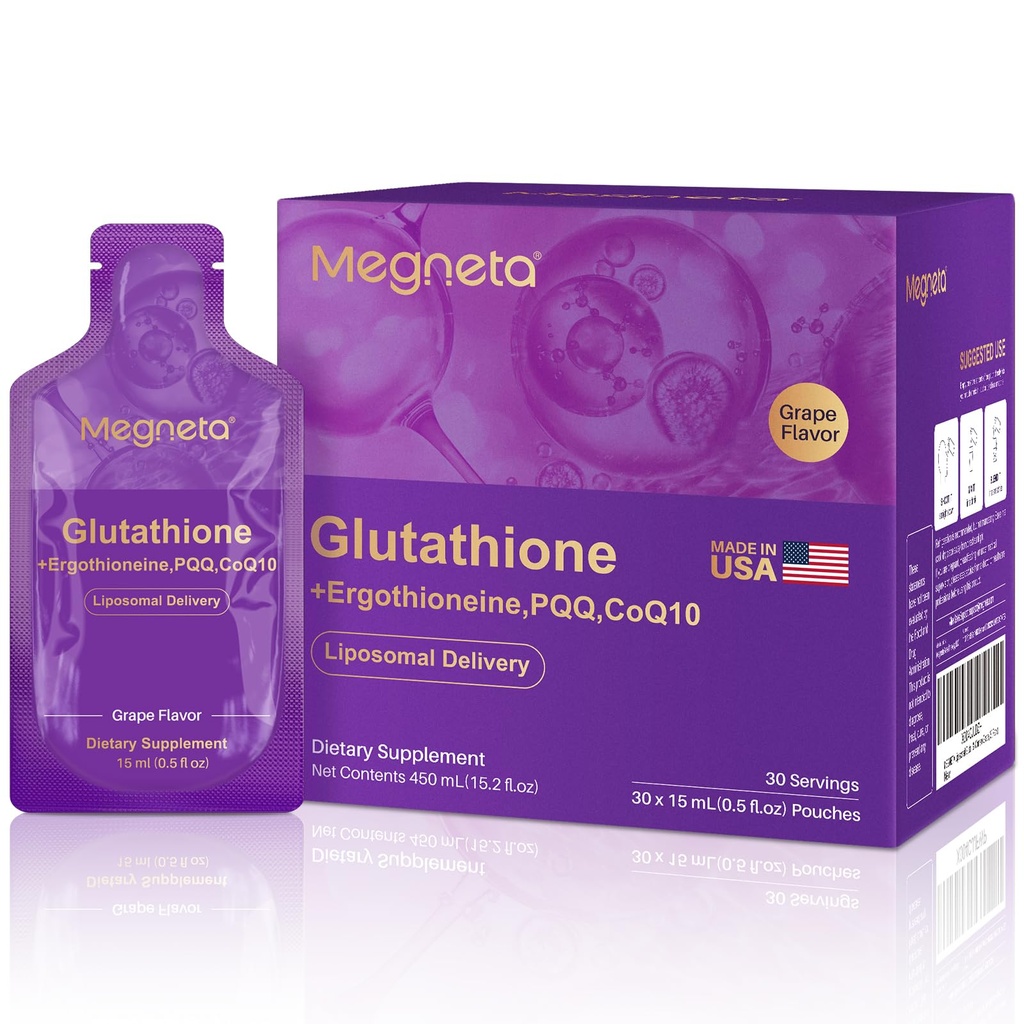 Suplemento Liposomal Glutathione – 500mg Glutathione con PQQQ, CoQ10 & Vitamina C – Antioxidante de alta absorción para el soporte energético de inmunológico – Flavor de uva, 30 Pouch