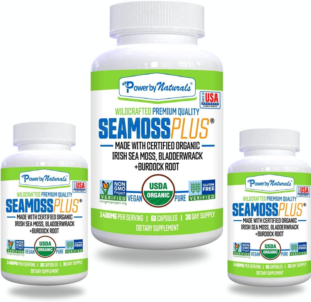 USDA Organic Sea Moss Capsules - Irish Sea Moss , Bladderwrack Más Burdock Root Suplemento, 1400 MG, 180 Capsules ← Mejorar Gut Health, Immune Support, 3 Bottles TEN Gluten-Free TEN Non-GMO