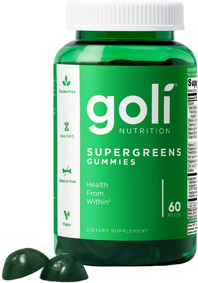 Goli SuperGreen Vitamin Gummy - 60 Cuenta - Vitaminas y Minerales Esenciales - Planta-Basada, Vegan, Libre de gluten & Gelatina Gratis - Salud desde el interior, Pack of 1
