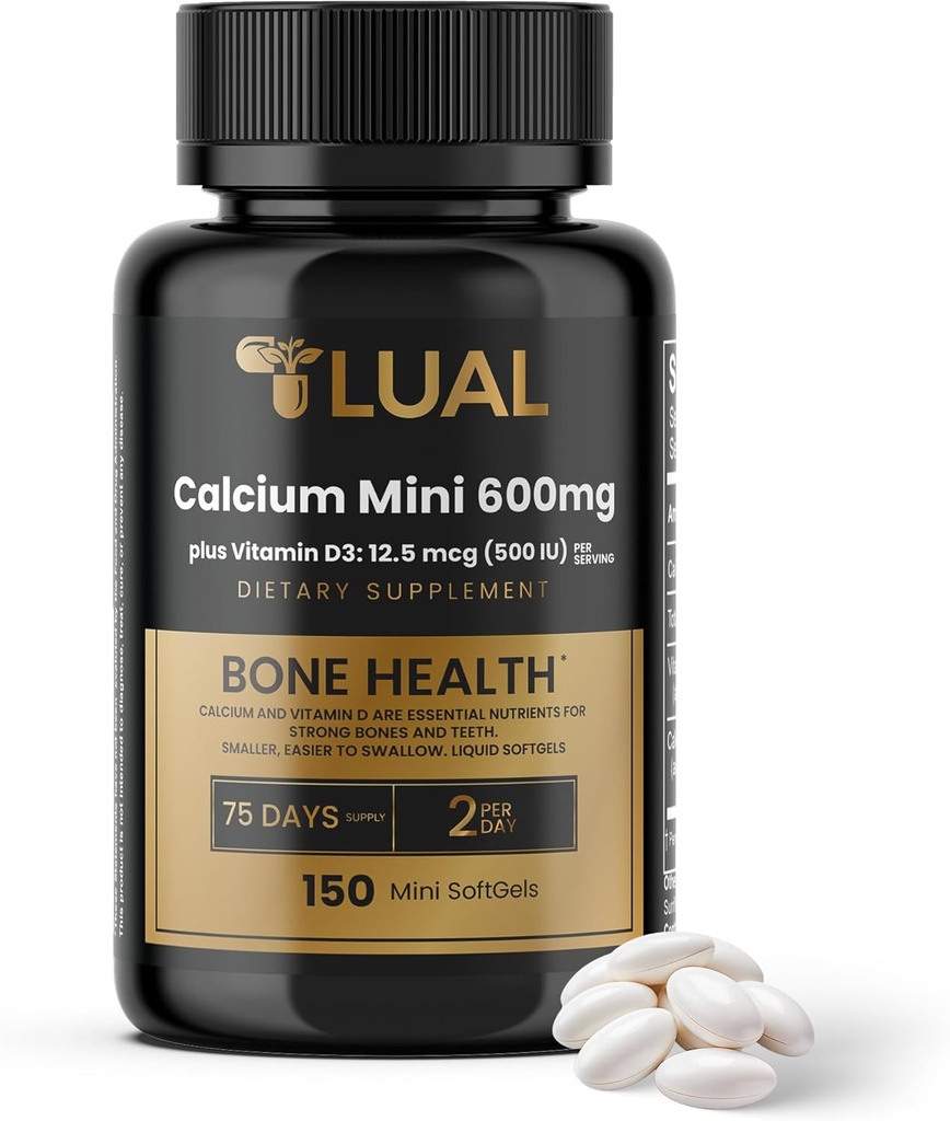 LUAL Calcio Minis 600 mg con vitamina D3 - Bono & Muscle Support - 150 Mini Softgels - Fácil de Tragar - Calcio & D3 para Huesos Fuertes & Movilidad