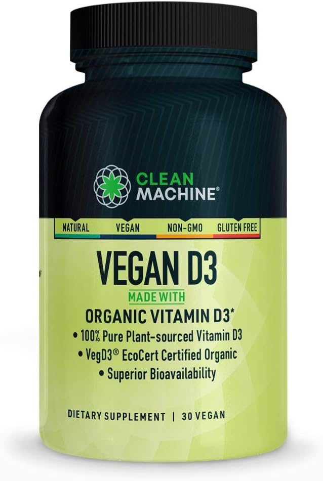 CLEAN MACHINE Certified Organic Vegan Plant Based Vitamin D3 4000 IU per Pill - Natural D3 Suplemento para la salud óptima - 30 cápsulas veganos (USDA Certified Organic)