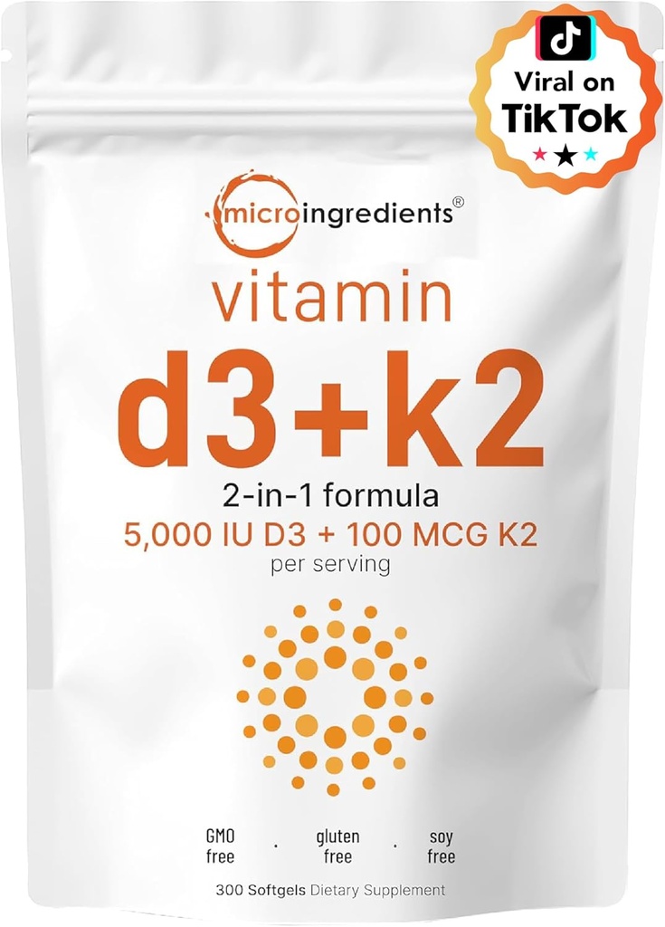 Micro Ingredientes Vitamina D3 5,000 UI + K2 MK-7 100 mcg, 300 Softgels TENIDO 2-in-1 Bone, Immune & Heart Support TEN Easy to Swallow, Non-GMO