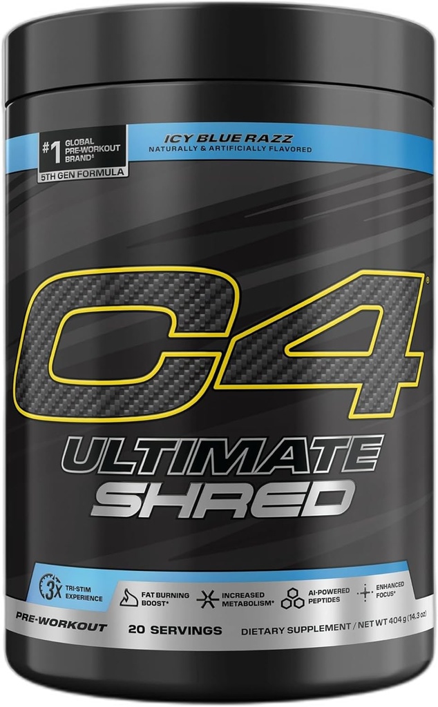 Cellucor C4 Ultimate Shred Pre Workout Powder, Fat Burner para Hombres, Metabolismo Suplemento con Ginger Root Extract, ICY Blue Razz, 20 Servings (Pack of 1)