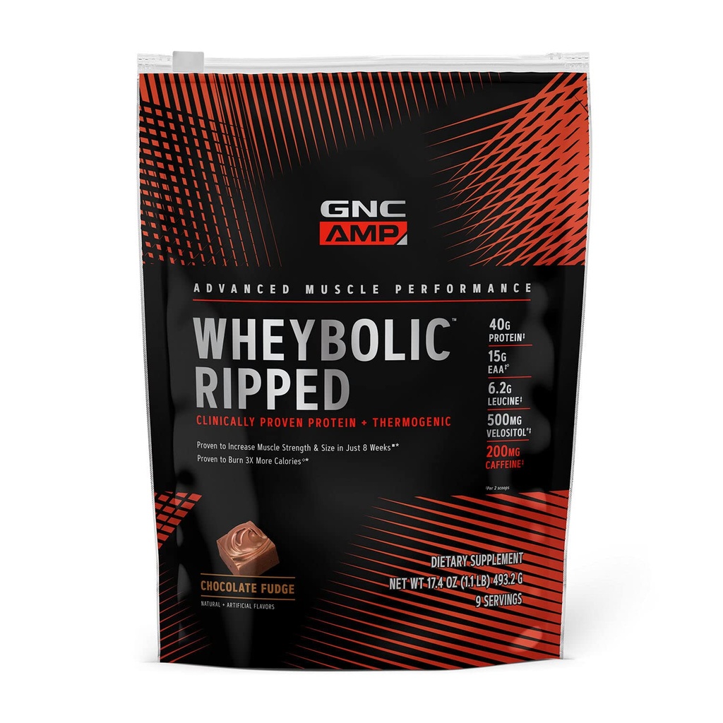 GNC AMP Wheybolic Ripped Protein Powder " Thermogenic Supplement, Aumenta la fuerza muscular " , Energía " resistencia, 40g Proteína, 6.2g Leucine, 15g EAA, cafeína, chocolate Fudge, 9 Sirving