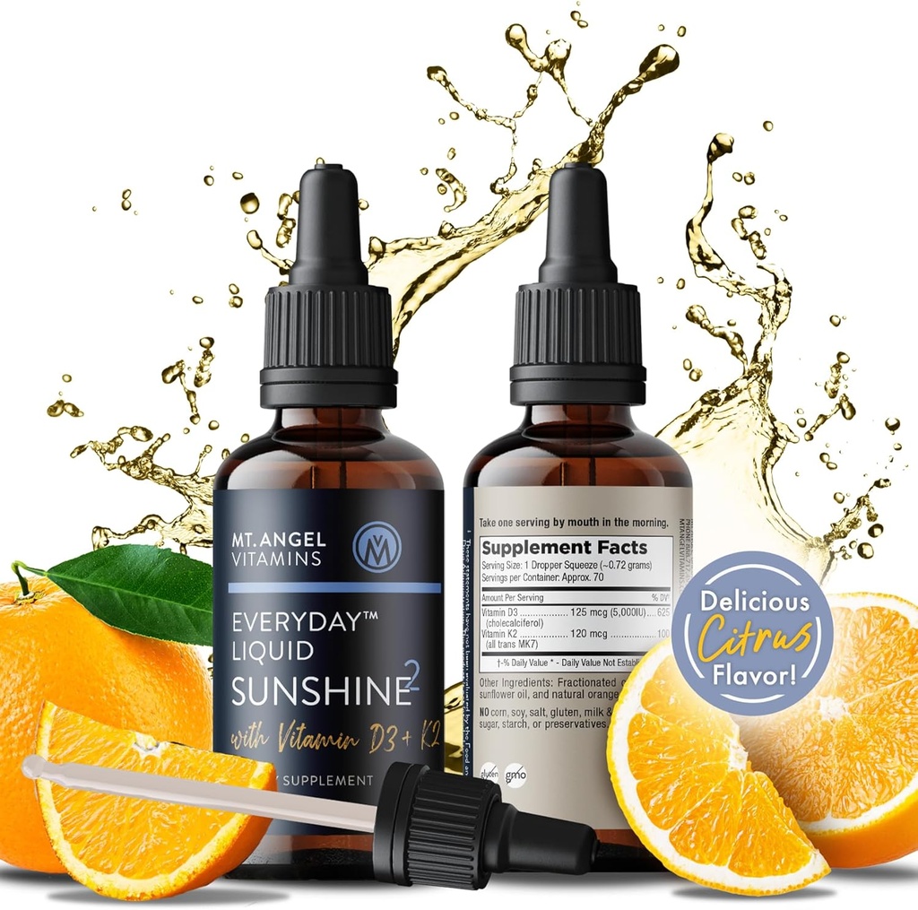 Mt. Angel Vitaminas - Vegan Vitamina D3 & K2 Liquid Supplement - 5000 IU D3, Trans MK7 K2 - Gluten-Free, Non-GMO - Perfecto para adultos & niños - Su dosis diaria de luz solar ← K2 D3 Suplemento de vitamina