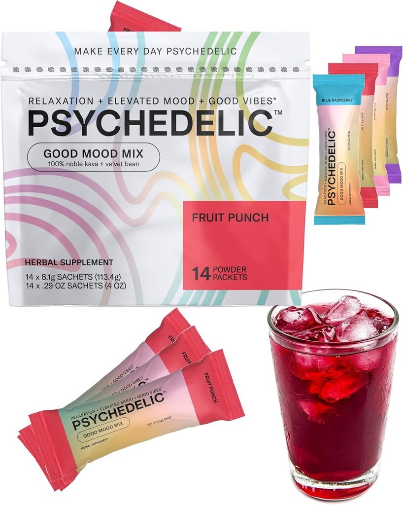 Mezcla de buen humor - Punch de frutas - Packets de Polvo - Mezcla de Bebida de Kava - Fácil de abrir - Sabored Kava Powder - Mucuna Pruriens - Stevia - Mocktails no alcohólico Adaptógeno - 14 Stick