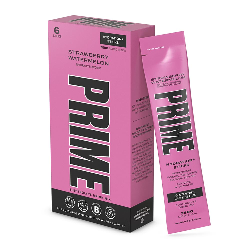 PRIME HYDRATION+ Sticks Strawberry Watermelon ← Hydration Powder Single Serve Sticks ← Electrolyte Powder On The Go TEN Low Sugar TEN Caffeine-Free TEN Vegan TEN 6 Sticks