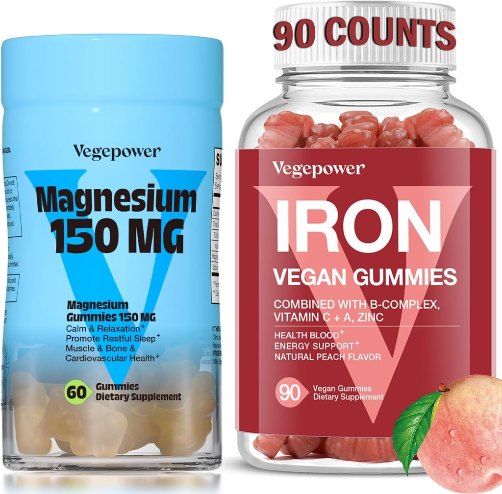 Suplemento de hierro con Gummies de Magensium, Gummies de hierro vegano con vitamina C, A, B-Complex, Folate, Zinc para Adultos &amp; Niños, por deficiencia de hierro, anemia, sueño de relajación, no GMO