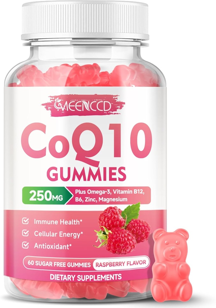 CoQ10 sin azúcar Gummies 250mg, Coenzyme Q10 Suplementos Plus Omega-3, Vitamina B6 & Zinc, Alta Absorción CoQ10 Suplemento para Energía Celular y Apoyo Antioxidante, Raspberry Flavor, Vegan 60Cts