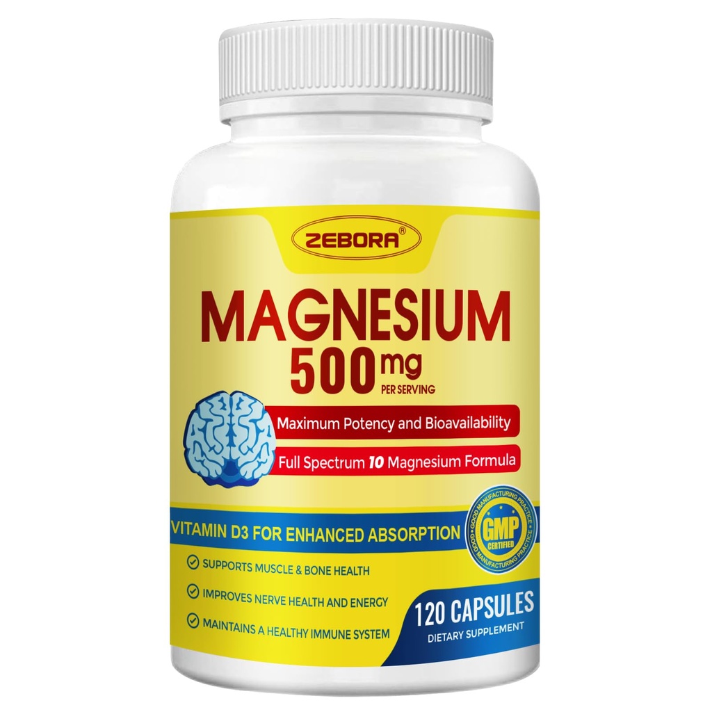 10-in-1 Magnesium Complex Supplement, Magnesium Glycinate 500mg with Citrate & Malate, Chelated High Absorption Plus Vitamin D3 & Zinc - for Nerve, Muscle & Bone Support - 120 Capsules
