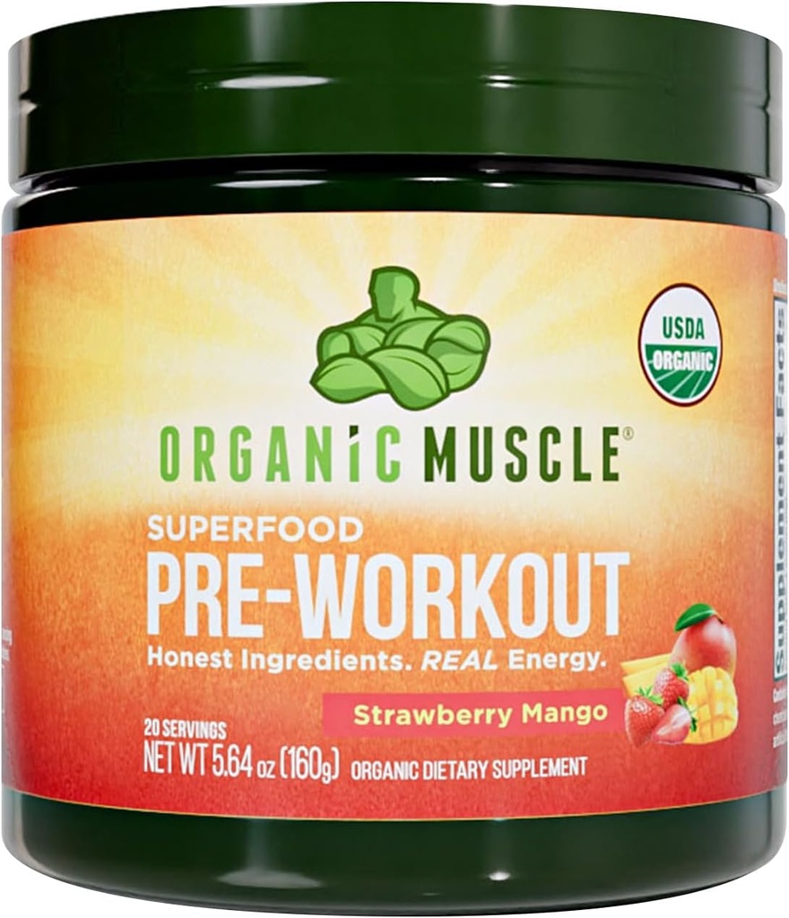 USDA Organic Pre-Workout Powder, Strawberry Mango ← Clean Energy Without Jitters ← Rendimiento Natural Boost ← No Artificial Sweeteners  20 Superfoods ← Bajo Caffeine, 20 Servings