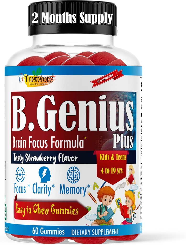 B.Genius Calming Ashwagandha Gummies for Kids and Teens ← Calm Sleep and Relax Mood ← Kids Gummies for Daily Focus ← All Natural Vegan Raspberry Flavor, Non-GMO, Third-Party Tested ← 60 Ct