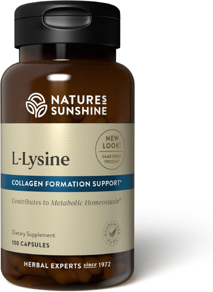 Sunshine L-Lysine, 100 capsules ← Aminoácidos esenciales cápsulas con 474 mg de clorhidrato L-Lysine para ayudar a su cuerpo a controlar el equilibrio ácido y alcalino