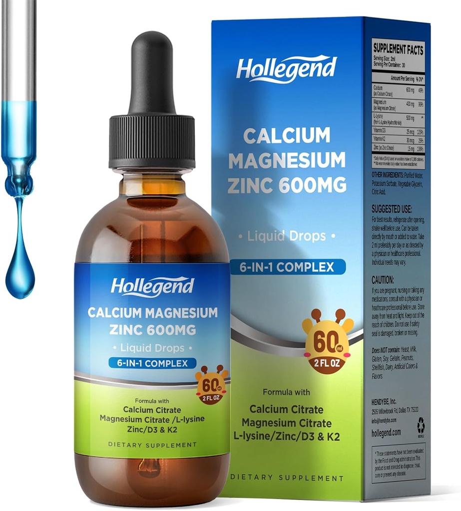gotas de calcio líquido con L-Lysine 500mg, Magnesium & Zinc, Calcium Citrate 600mg Suplemento con vitamina D3 & K2 para adultos infantiles, 2 Fl Oz