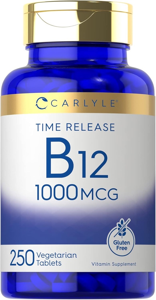 Carlyle B12 Vitamina 1000 mcg Silencio 250 Conde tención Time Release Tablets  durable as Cyanocobalamin ¦ Vegetarian, Non-GMO & Gluten Free Supplement