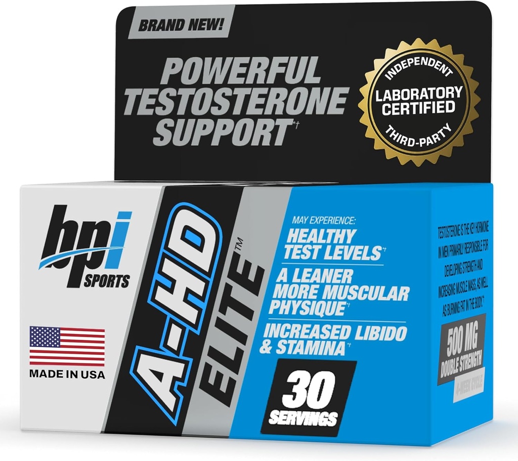 BPI Sports A-HD Elite – Booster de testosterona potente para la resistencia, fuerza, apoyo sexual – apoya el músculo, el libido y el metabolismo – Suplemento de testosterona natural – 30 ayudas – 500 mg