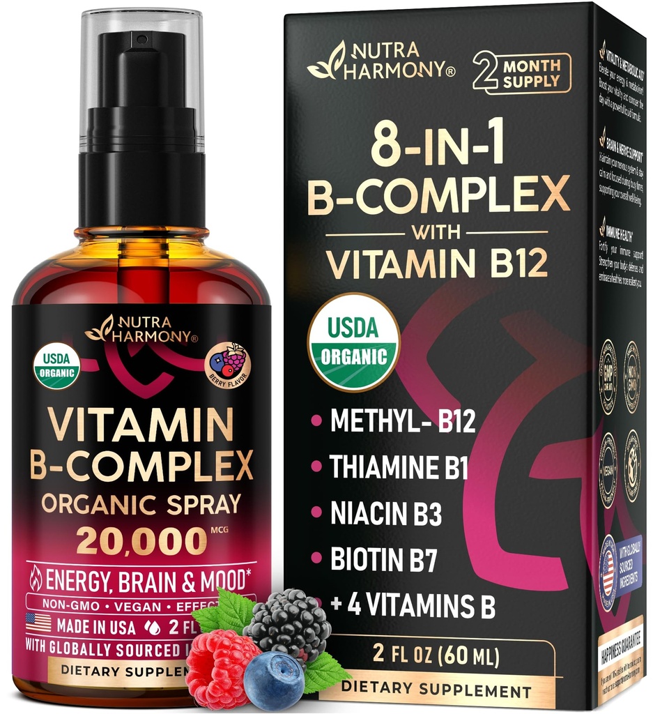 USDA Organic Vitamin B-Complex Liquid Spray 8-in-1 - B5 Pantothenic Acid TEN B12 Methylcobalamin TEN B1 Thiamine TEN B6 Pyridoxine ANTE B7 Biotin TEN B9 Folic ANTE B3 Niacinamide - Made in USA Supplement, 2fl oz