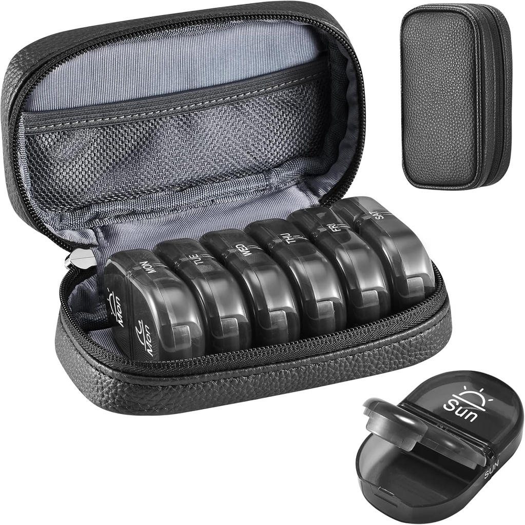 Serfeymi Organizador semanal de píldoras de viaje 2 veces al día PM Actualizado Negro Pill Box 7 día con carcasa de cobre portátil PU, Organizador de medicina para píldoras, vitaminas, aceites de pescado - Negro 01