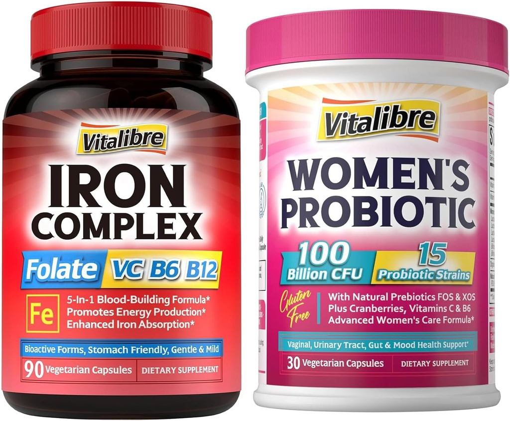 Suplemento de hierro para hombres de mujeres 90Caps & Vitalibre Probióticos para mujeres 100 millones de francos CFU 15 Strains