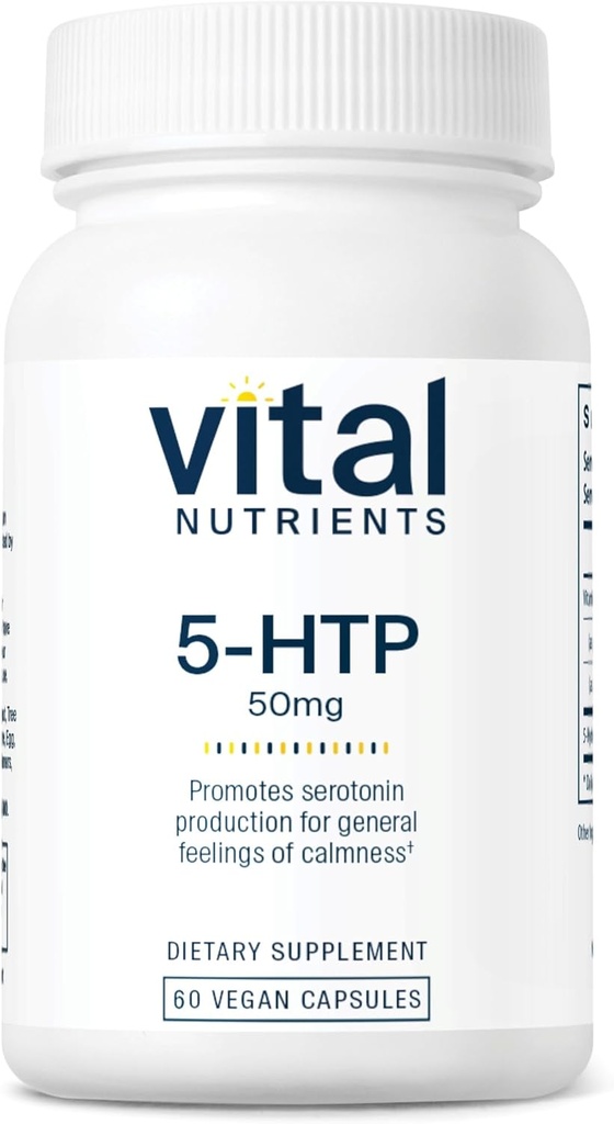 Vital Nutrients 5-HTP 50mg (5-hidroxitryptophan) Silencio Vegan Serotonin Support Suplemento* ← Sleep and Stress Support ⋅ 5HTP and Vitamin B6 Silencio Gluten, Dairy, Soy Free ← Non-GMO Silencio 60 Capsules