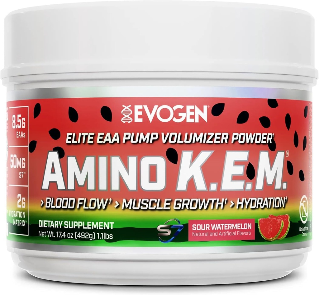 Evogen Amino K.E.M. - EAA & BCAA Powder Pump Volumizer TEN BCAAS Amino Acids Supplement for Blood Flow, Muscle Growth, " Hydration ¦ Sour Watermelon ← 30 Servings