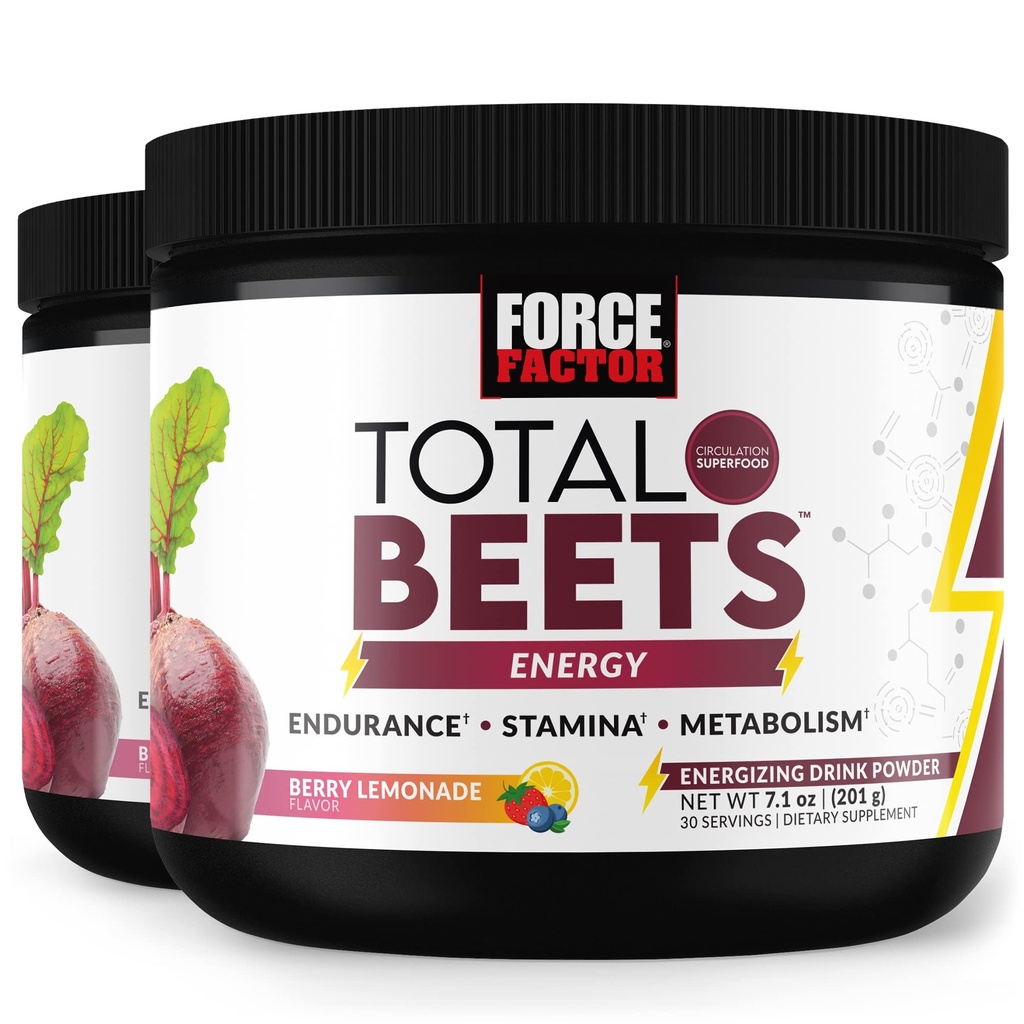 Force Factor Total Beets Energy Drink Mix 2-Pack, Superfood Beet Root Powder, Nitrates to Boost Energy, Support Circulation, Blood Flow, Nitric Oxide and Stamina, Heart Health Supplement, 60 Servings