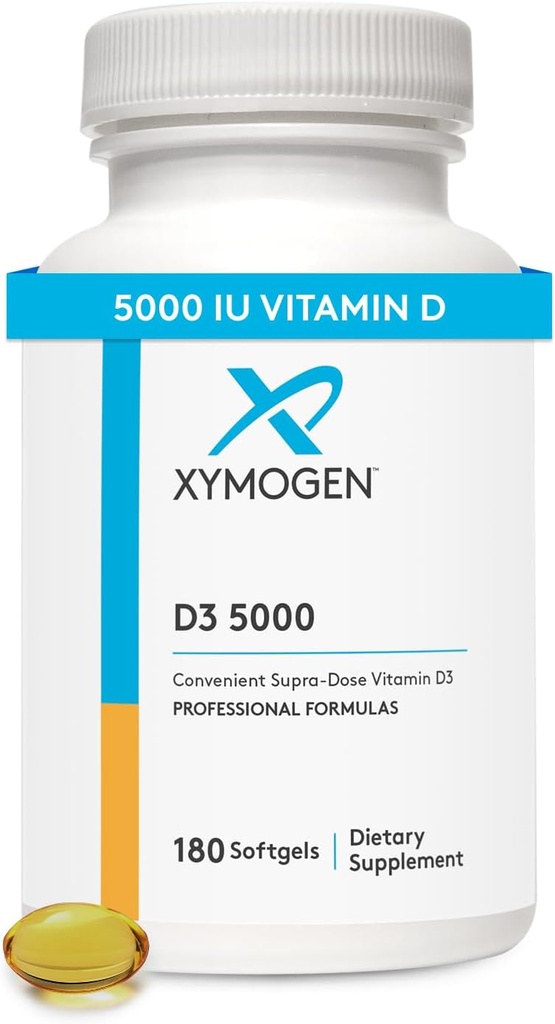 XYMOGEN D3 5000 - Biodisponible Vitamina D3 5000 UI (125 mcg) - Suplemento de vitamina D de alta potencia para apoyar la salud inmunitaria, bonificación + salud cardíaca (180 Softgels)