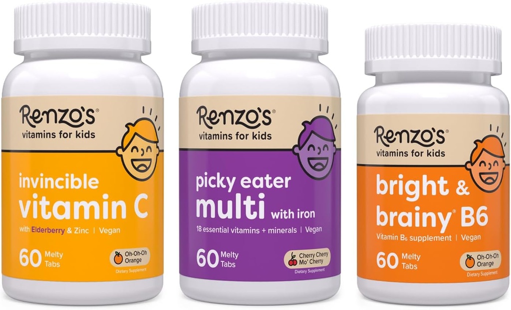Renzo's Vitamins Volver a la escuela Bundle, Bright & Brainy Vitamin B6, Picky Eater Kids Multivitamin, y Kids Vitamina C con Elderberry & Zinc para Immune Support
