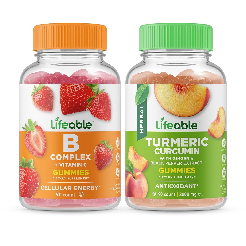 Complejo B Lifeable + Curcumina Turmérica, Colgante Gummies - Gran Tasting, Suplemento de vitamina, Gluten Gratis, GMO Gratis, Chewable