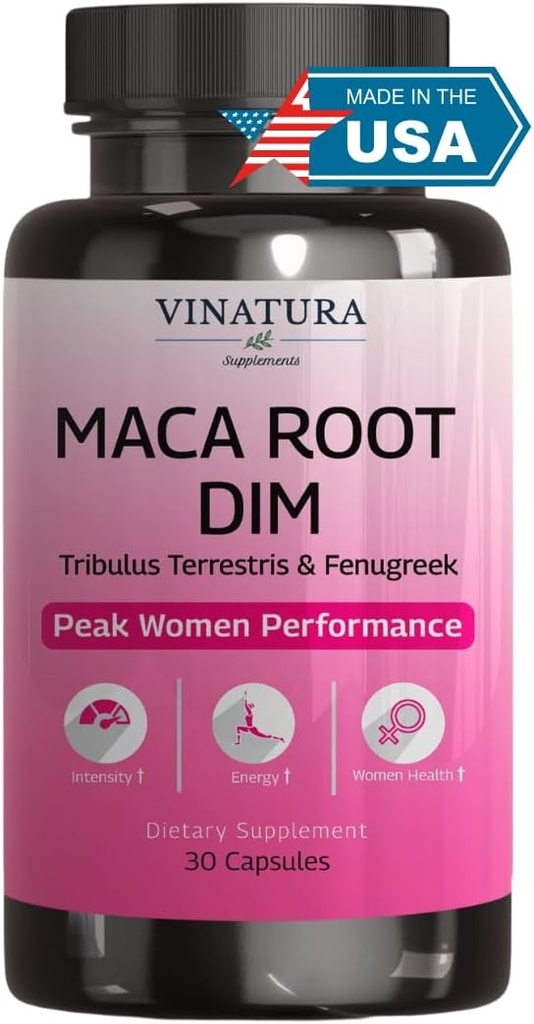 MACA Root + DIM Capsules for Women Performance - Equilibrio hormonal, Apoyo a la menopausia Fertilidad, Suplemento de la Mujer, 60 cápsulas Vegan