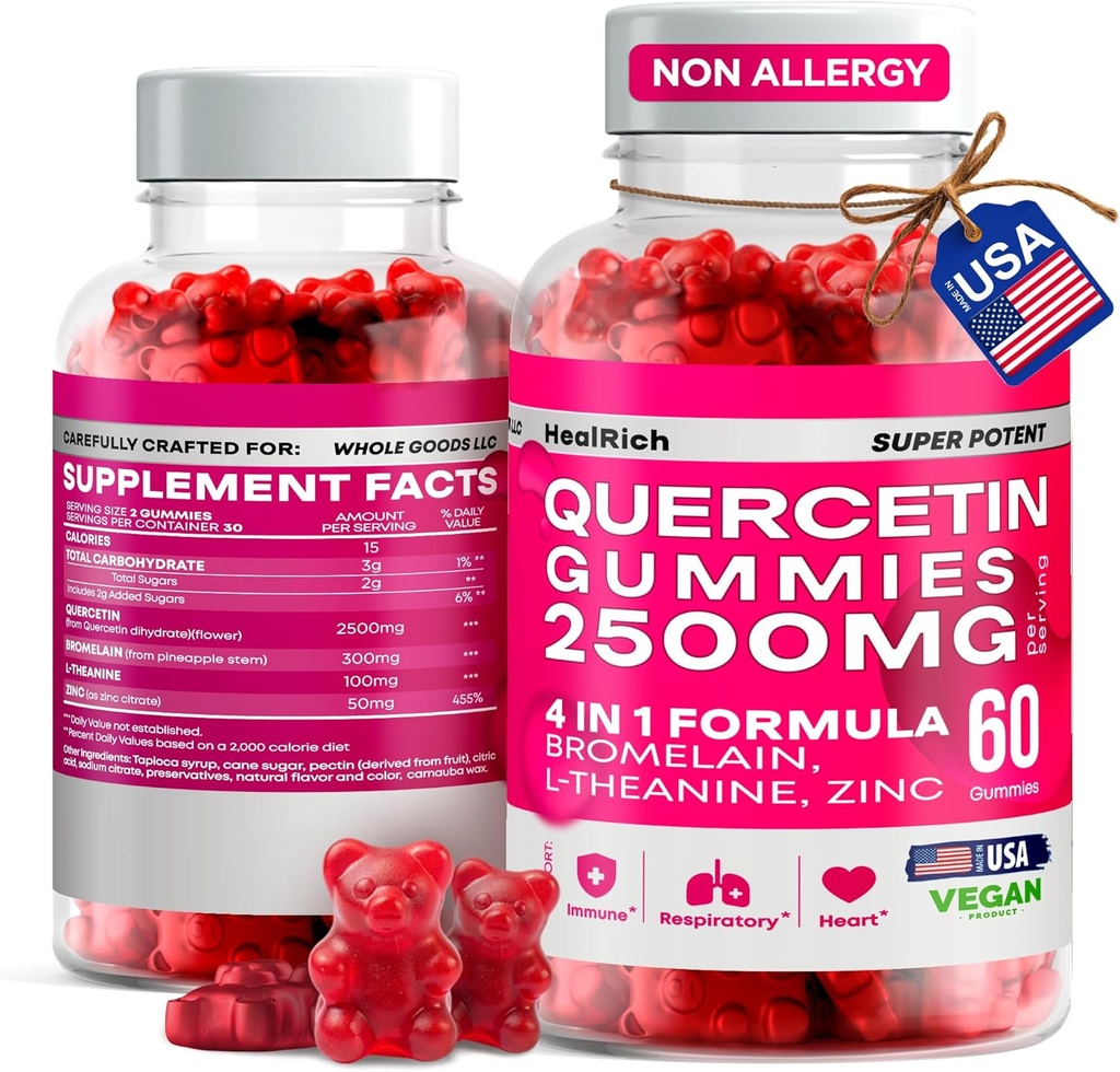 Quercetin Gummies - 2500MG Quercetin con Bromelain L-theanine & Zinc - Suplemento Puro para el Sistema Inmunitario de Pulmón y Alivios - Suplementos Veganos de Booster Inmunity para Adultos Niños - Hecho en EE.UU.