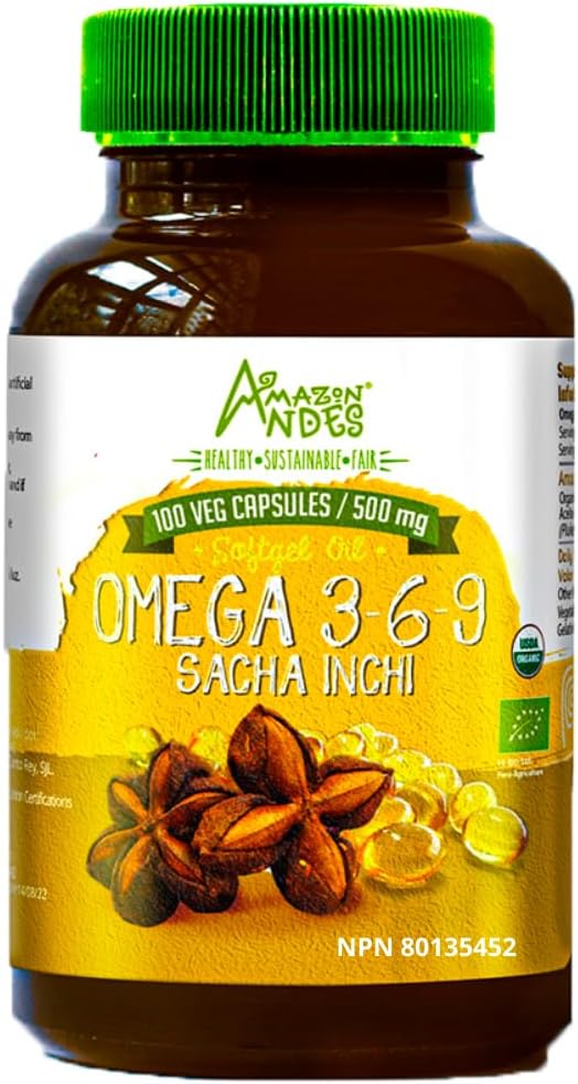 Amazon Andes Sacha Inchi Oil Capsules - Fuente de omegas 3, 6 y 9 - Fuente más saludable de ácidos grasos esenciales - Vegan, No GMO, Libre de alérgenos " Gluten - 100 pastillas Softgel (500 mg) - Hecho en Perú
