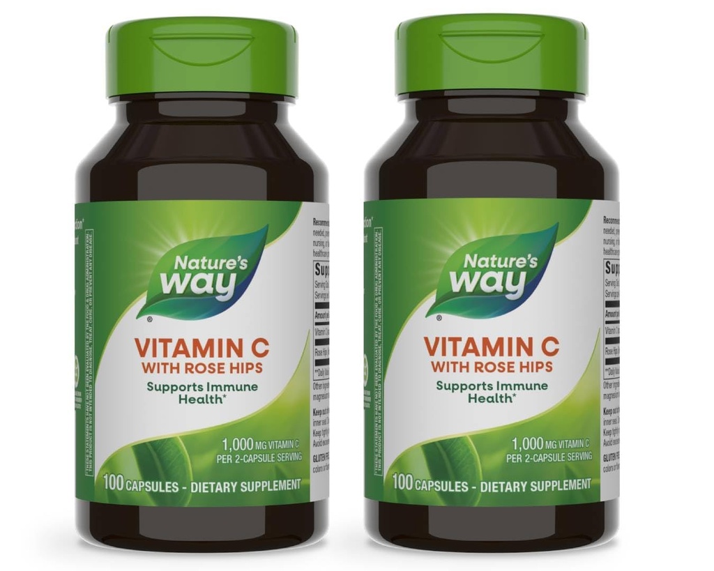 Camino de la Naturaleza Vitamina C con Rosa HIPS, Potencial Antioxidante & Immune Función Soporte de Vitamina C*,Promotes Collagen for Healthy Skin*, 100 cápsulas (Packaging May Vary) - 2 Pack