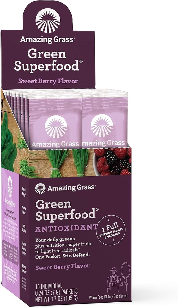 Increíble Grass Green Superfood Antioxidant: Super Greens Powder con Spirulina, Elderberry & Probiotics, Sweet Berry, 15 Servings
