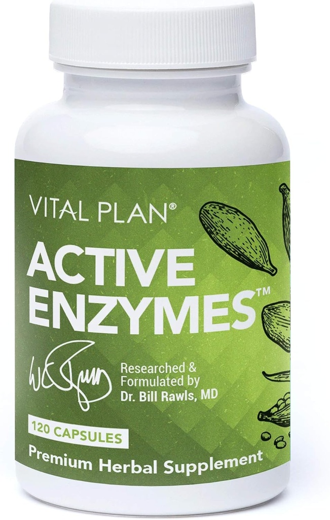 Enzimas activos Suplemento del Dr. Bill Rawls - Enzimas digestivas para la salud de Gut " - Protease, Bromelain, Lactase, Amylase " Lipase (120 cápsulas)