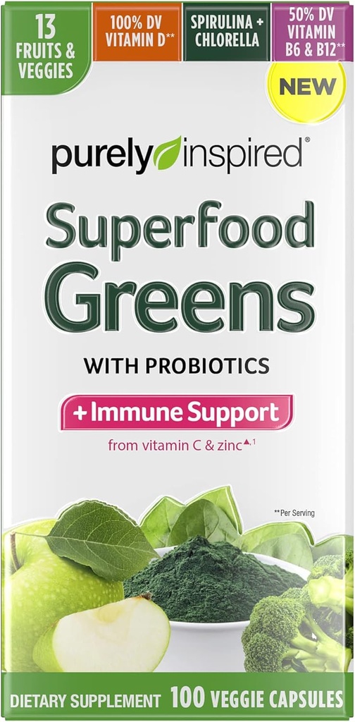 Verdes puramente inspirados Superfood Capsules Superfood Greens Capsules Vitamina C & Zinc para Immune Support + Vitamina D 13 Frutas & verduras 100 cápsulas vegetales
