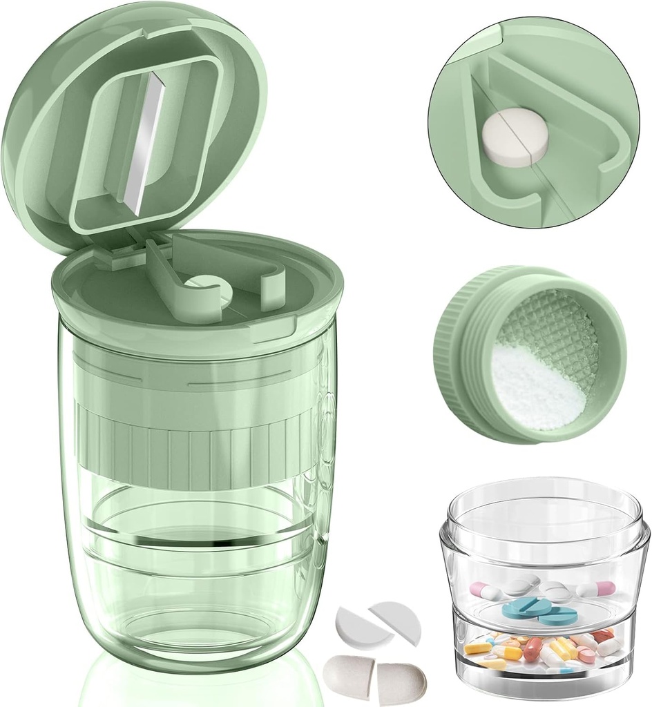 Pill Cutter Splitter con dispensador, Pill Cutter para Píldoras pequeñas o grandes, Crushes Píldoras, Vitaminas, Tabletas, Acero Inoxidable, Copa de Bebida Desmontable (Green-1)