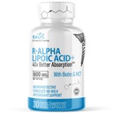 Nutri R Alpha Lipoic Acid 600mg Capsules - R Lipoic Acid Estabilizado con Biotina - Forma activa de R-ALA - 600 mg Dosis clínica - Powerful Cellular Energy Support - 30 cápsulas Vegan - RALA