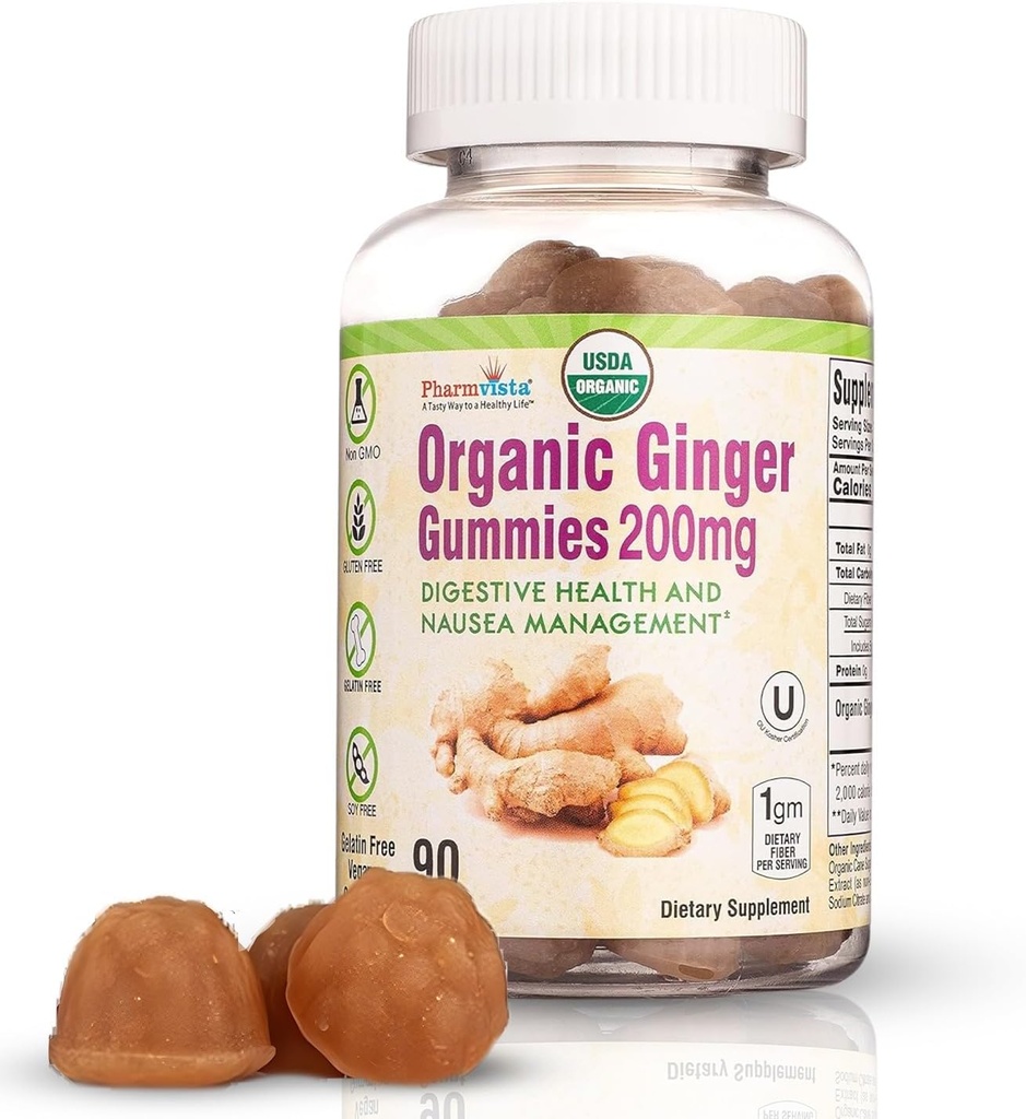 USDA Organic Ginger Gummies 200mg 90 Cuenta para Manejo de Nausea y Salud Digestiva
