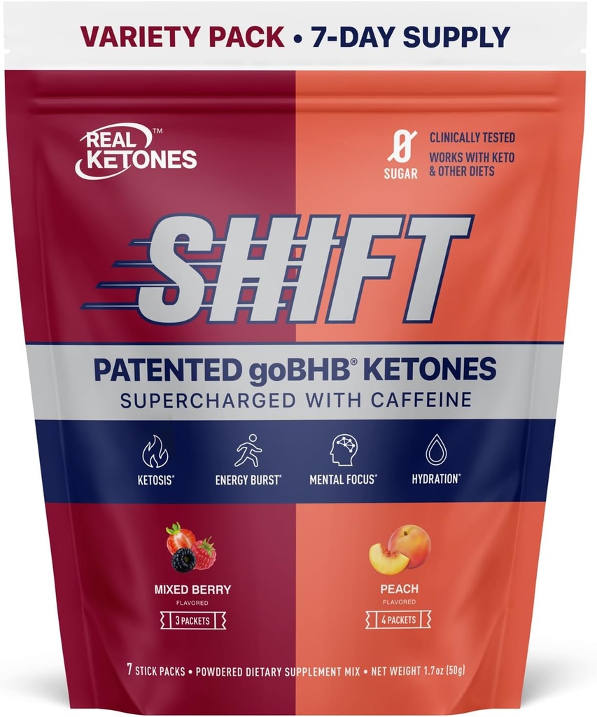 Real Ketones BHB Exógenos Ketones Bebida Mix Packs Keto Electrolytes Powder Packets No Sugar with 4 Main Fasting Electrolytes Plus Hydrating Patented Keto BHB - 7 Count Peach, Mixed Berry