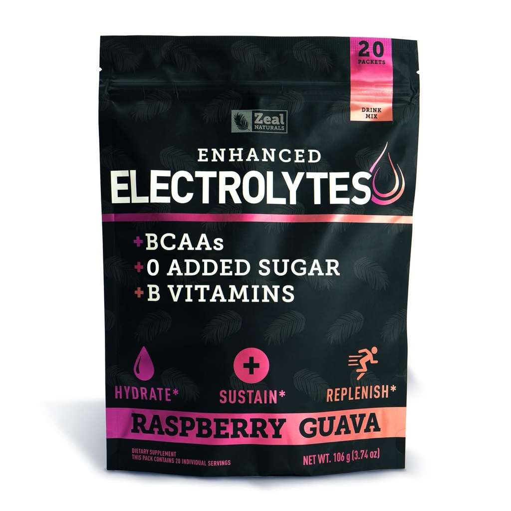 Enhanced Electrolyte Powder Stick Packs (Raspberry Guava tención 20 Packets) w / 0 Sugar +BCAAs +B-Vitamins Electrolyte Suplemento w Potassium Zinc &amp; Magnesium for Hydration - Keto Electrolytes