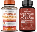 Wholesome Wellness Liposomal Vitamina C Capsules (200 pastillas 1500mg amortiguadas) + Super-Absorb Multi Collagen Pills (Type I II III V X) Organic Herbs and Bioperine Bundle