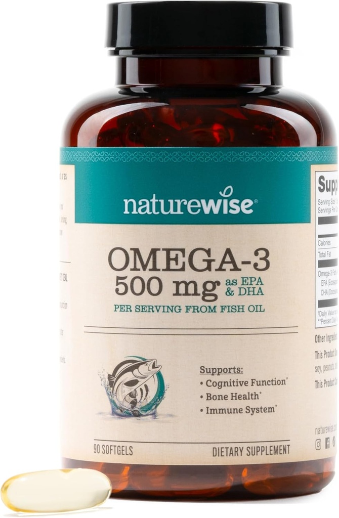 NatureWise Omega 3 Fish Oil - 500 mg por Pill - EPA & DHA - Immune Support, Brain Health & Optimal Wellness - Gluten and Soy Free, Non-GMO - 90 Softgels[3-Month Supply]